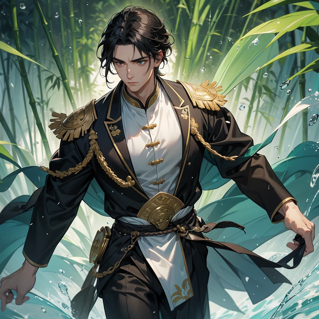 a Handsome black-haired male general holding a large sword in ancient Chinese costume, the back is a lush green bamboo forest. the air after rain has water droplets splashing around.