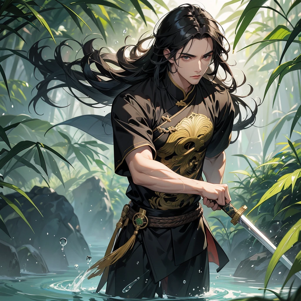 a Handsome black-haired male general holding a large sword in ancient Chinese costume, the back is a lush green bamboo forest. the air after rain has water droplets splashing around.