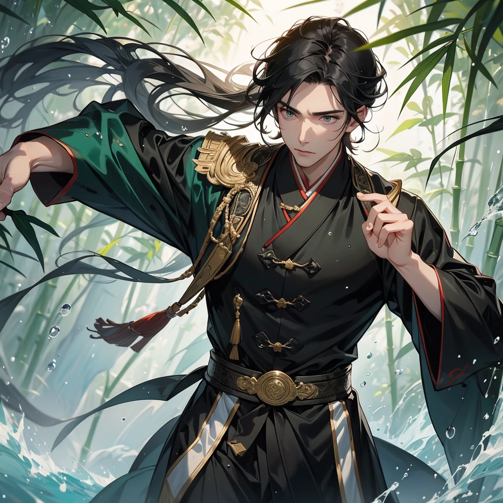 a Handsome black-haired male general holding a large sword in ancient Chinese costume, the back is a lush green bamboo forest. the air after rain has water droplets splashing around.