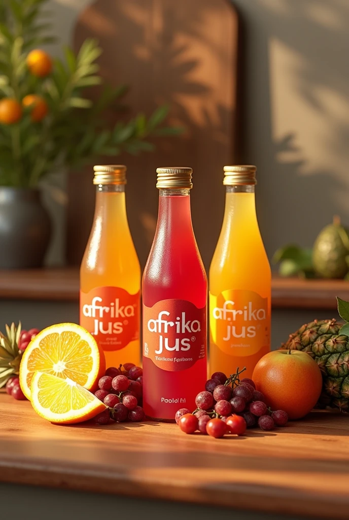 Generate me a 3d image of three bottles of juice and some fruits placed at the foot of the bottles, with the name Afrika Jus written on the labels stuck on the bottles, dans un jolie décor