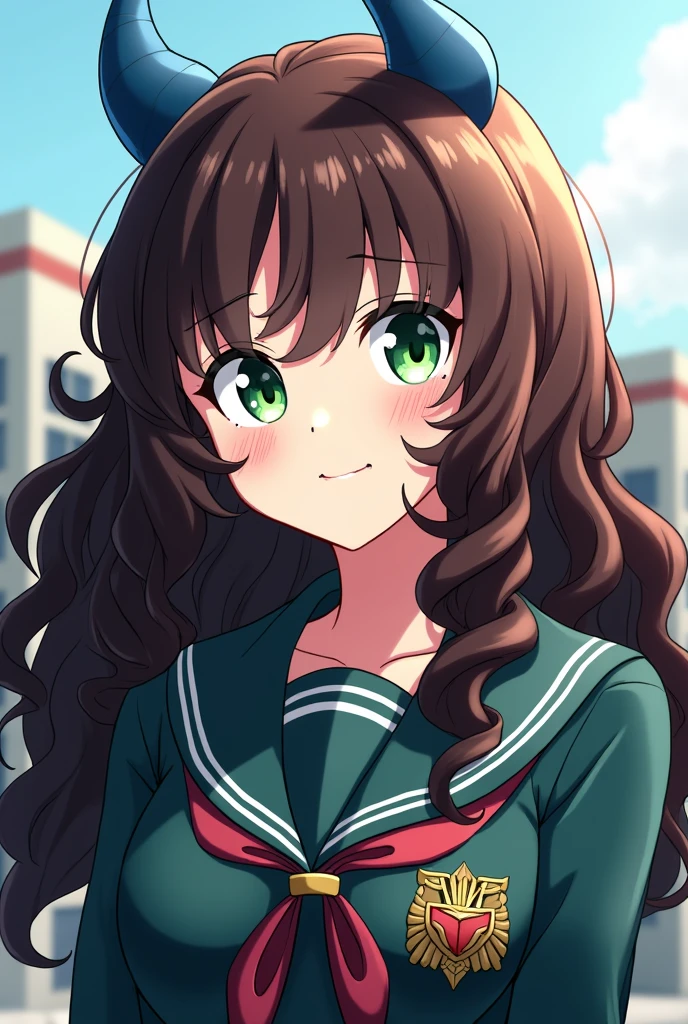 Screenshot of my hero academia girl long curly hair brown hair , small blue demon horns and green eyes. He is wearing the UA uniform