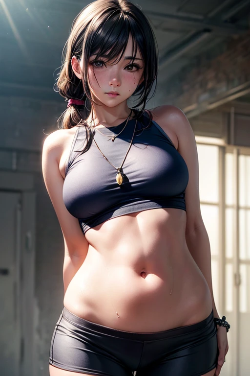 Kaori, Single model, solo, half Asian, half Latino, very long straight black hair, high ponytail, freckles, blushing, wet eyes, long chain pendant, very large heavy breasts, chubby, belly, stretchmarks, (best quality,4k,8k,highres,masterpiece:1.2),ultra-detailed,(realistic,photorealistic,photo-realistic:1.37),detailed portrait, cinematic lighting, natural skin texture, intricate details, dramatic colors, moody atmosphere, seductive pose, fitted pink tank top (braless), small skintight navy blue lycra shorts