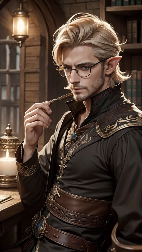 Elfe homme médiéval fantasy, cheveux attachés, lunettes rondes, en train d'écrire 