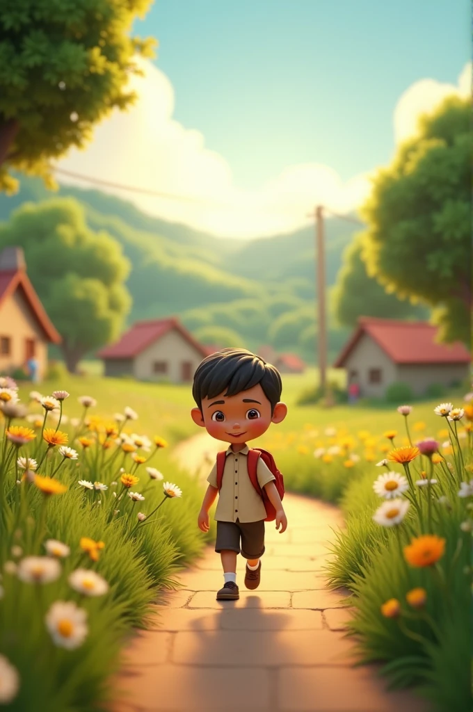  3d**Scene 1: Balu Walking to School with front face look**
   - Visual of a small village path surrounded by lush green fields and trees.
   - The sun is softly shining, casting a warm glow on the scene.
   - Balu, a sweet and sensible boy, is seen walking along the path with a school bag slung over his shoulderl.  16:9 size