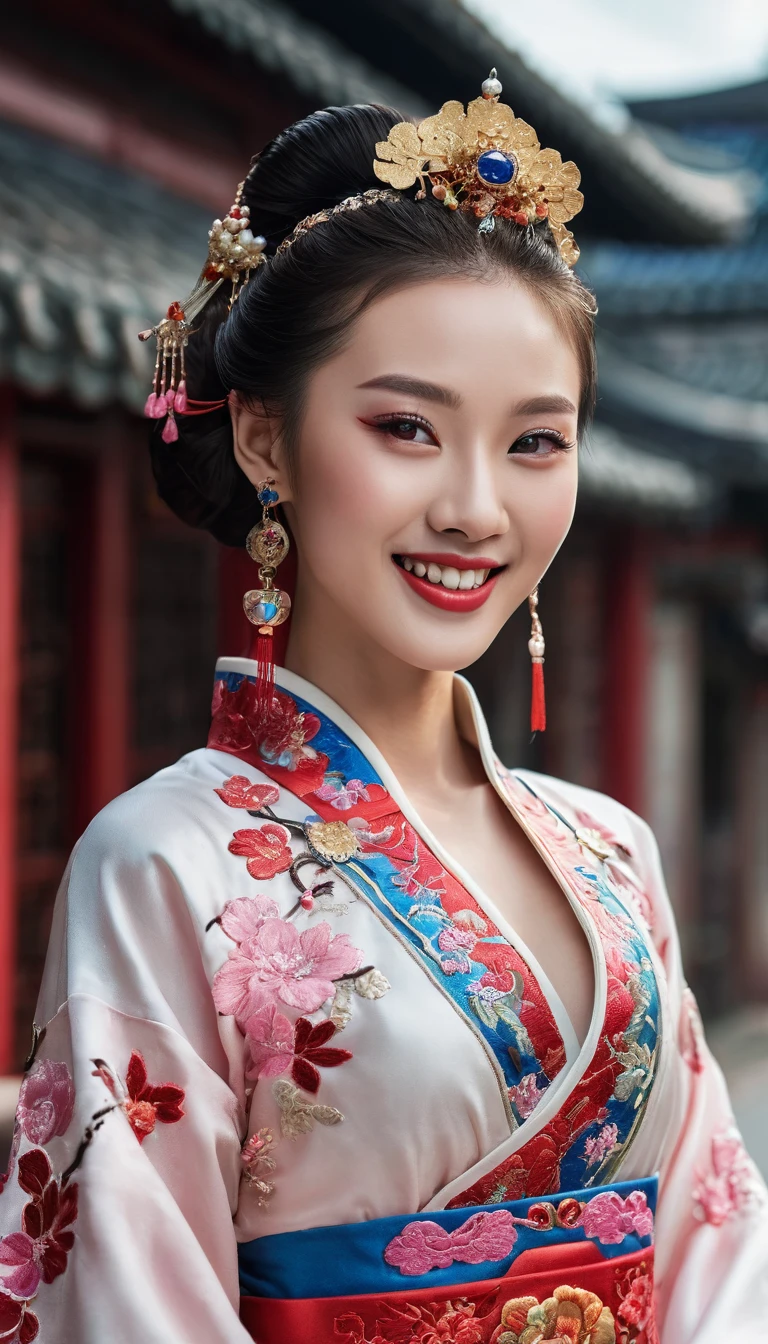 Full body photo of an extremely beautiful girl, Chinese model, very beautiful makeup, wearing ancient Chinese costume, colorful eye-catching brocade embroidery, wearing expensive jewelry, smiling, using high-end cosmetics, bright smile, white and super detailed teeth, charming shiny red lips. Brown eyes, shiny makeup, charming, sharp, realistic, wet eyes, pink eyeshadow, eyelashes, blush, high-end cosmetics. The background is a deserted street, not a single person, luxurious houses, modern style, blue sky, white clouds drifting. (((Girl walking along the street))).
Hong Kong cinema style. Cinematic lighting, high detail, 8K, artstation, conceptual art, dark fantasy. Photo taken with Canon EOS R5 85mm f/11 camera, sharp mode of people and surrounding scenery. 8K picture quality, realistic, masterpiece, sharpest and highest contrast, excellent depth of field, stereoscopic light, Direct light on the face, fresh sunlight.