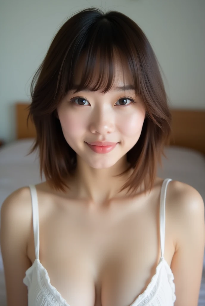 Brown Hair、Short Bob, masterpiece, Highest quality, photograph, 20 years old living in Japan、Nipples are visible, Not wearing a bra, Not wearing panties, Lying in bed, 女性の性器とNipples are visible, front, They flash a provocative smile at the viewer., Full body portrait, , Bold Pose,Lift your legs、kiss、I can see the side,Medium Hair,((Straight Hair,Keep your bangs straight down)),(Thin face,Small jaw,Wide forehead,The space between the eyes is narrow)