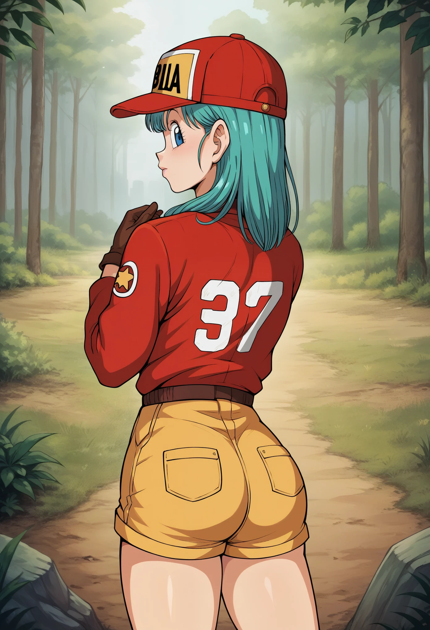 score_9, score_8_up, score_7_up, BREAK, score_9, bulma \(dragonball\), aqua hair, blue eyes, bangs, gloves, collarbone, jacket, eyelashes, straight hair, clothes writing, red jacket, brown gloves, zipper, brown shorts, baseball cap, fringe_trim, hat writing, looking at viewer, cowboy shot, ass, from behind, forest