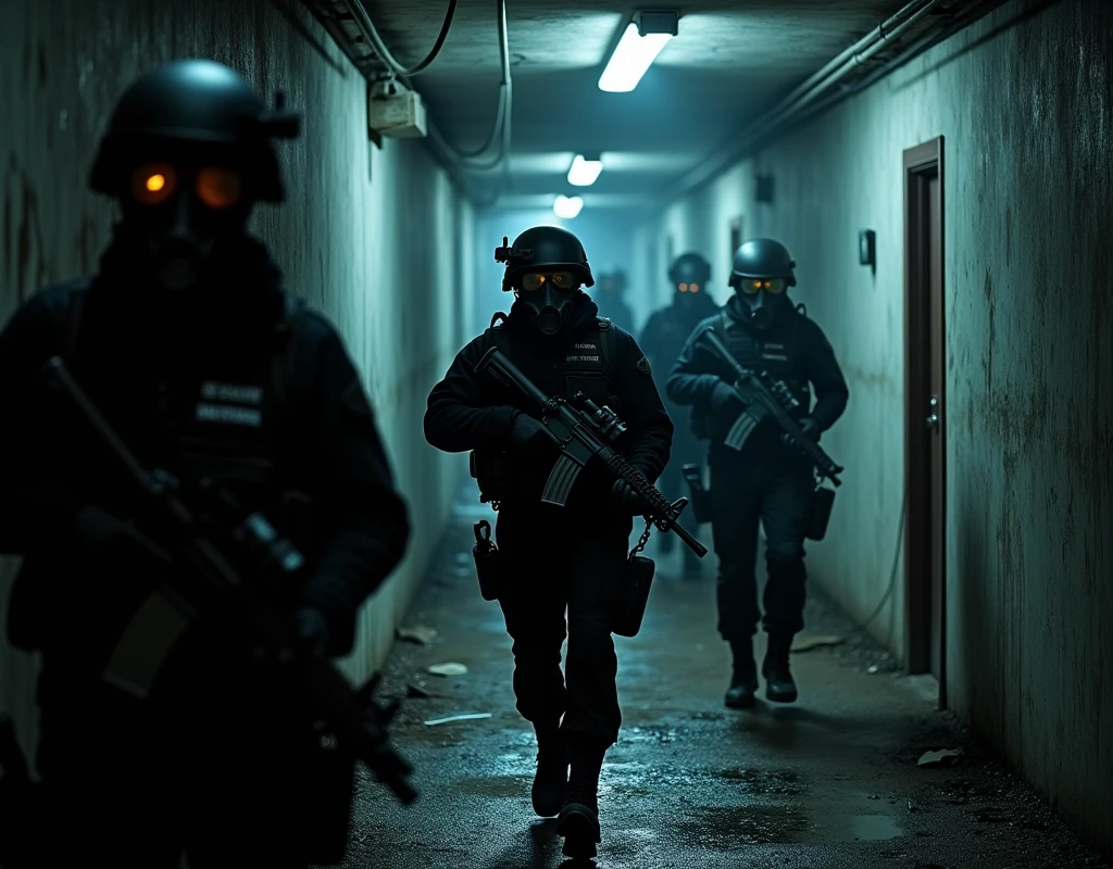 Several special operations soldiers lurking in an abandoned underground complex,black,helmet,Gas Mask,Tactical equipment,Dim artificial light,Art Photography