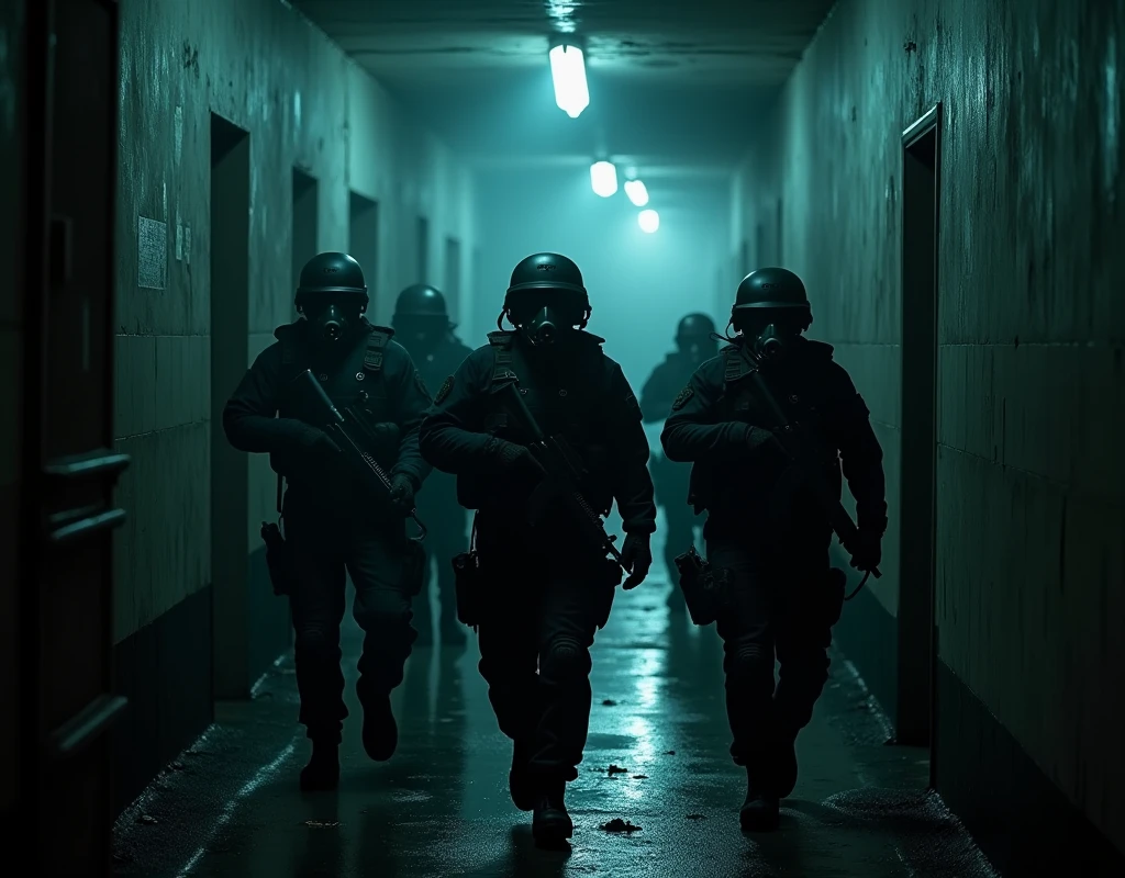 Several special operations soldiers lurking in an abandoned underground complex,black,helmet,Gas Mask,Tactical equipment,Dim artificial light,Art Photography