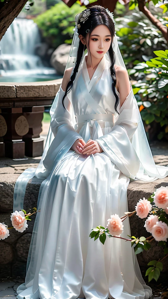 ((Long ears)),full body ,The eyes are very delicate., Human,gorgeous white hanfu,(((hair accessories)))(((face veil))),necklace,(((A garden with many flowers)), ((complicated details)), ((Surrealism))(8k)