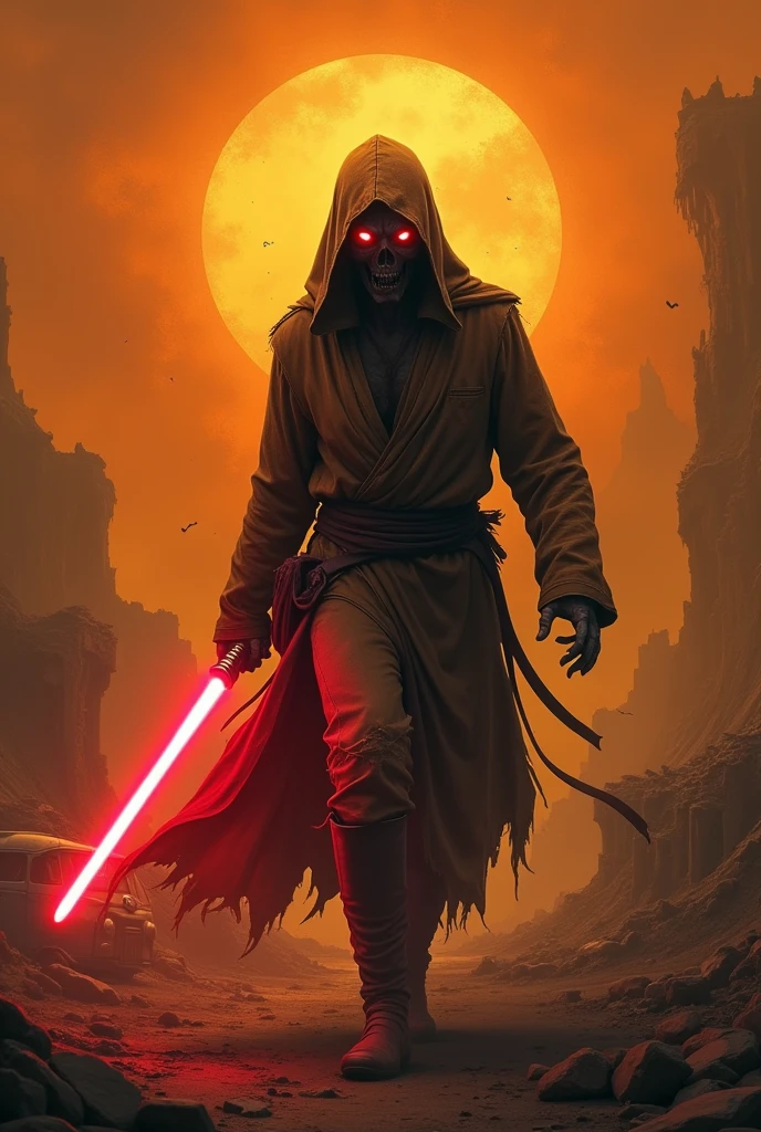 image in format 1:1 of hooded zombie jedi wielding a lightsaber in an orange attack stance in an apocalyptic daytime setting