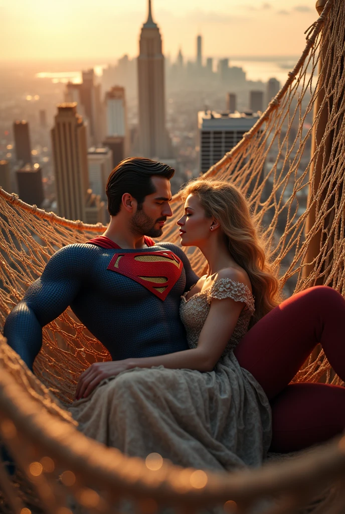 superman, lying in a hammock made by speder webs on top of buildings with a view of New York and making love to cinderella