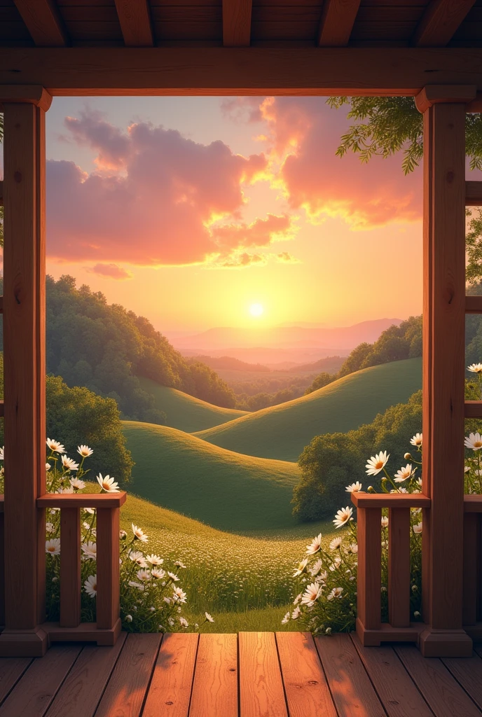 I&#39;m on the balcony of a wooden house. In front of it there are two hills with daisies and the sunset behind the hills.
