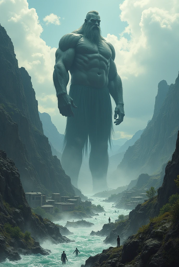 "A large, imposing figure stands on the peak of a mountain and hold own belt, gazing down with a solemn expression at a scene below. The valley is flooded, with people struggling against the rising waters, their distress evident. The contrast between the serene, lofty position of the giant and the chaotic, troubled scene below underscores the dramatic disparity."