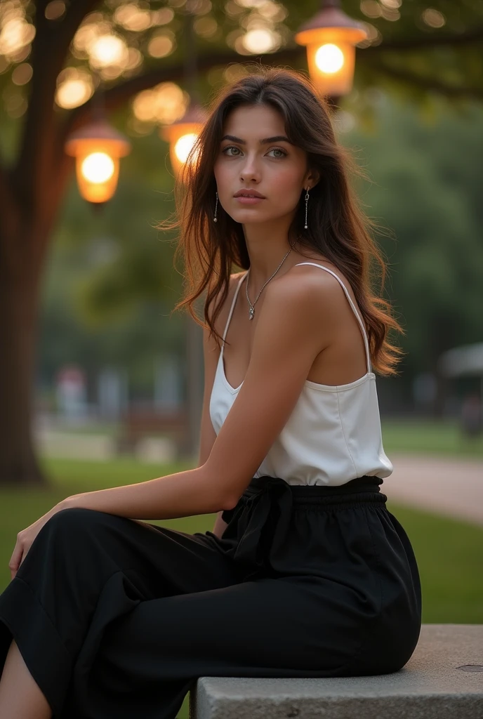Arafed Femme portant un débardeur blanc et un collier, Fille sexy aux yeux verts, Portrait Sophie Mudd, cheveux bruns et grands yeux, selfie d'une jeune femme. Elle passe une soirée estivale agréable dans un parc baigné par la lumière dorée du crépuscule. Elle porte une combinaison fluide noire avec des sandales en cuir et une pochette assortie, idéale pour une sortie élégante et décontractée. Sans maquillage, ses yeux verts étincellent sous les premières lueurs de la soirée, et ses cheveux bruns sont légèrement ondulés. Elle capture l’instant avec un selfie, assise sur un banc en pierre entouré de lanternes suspendues. L'arrière-plan montre des arbres avec des feuilles qui commencent à changer de couleur, ajoutant une touche automnale subtile à cette ambiance de soirée sereine et raffinée.