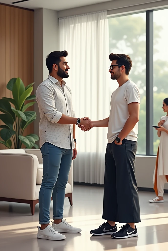 Two young men are waiting for their girlfriends in the reception area of the office. One young man is wearing a white printed shirt, jeans, white shoes and smart watch and the other one is wearing a white full sleeve T-shirt, jeans, glasses and black sneakers. His girlfriend comes there wearing a white Indian suit, black palazzo, white shoes and specs. Then she shakes hands with both the boys.
