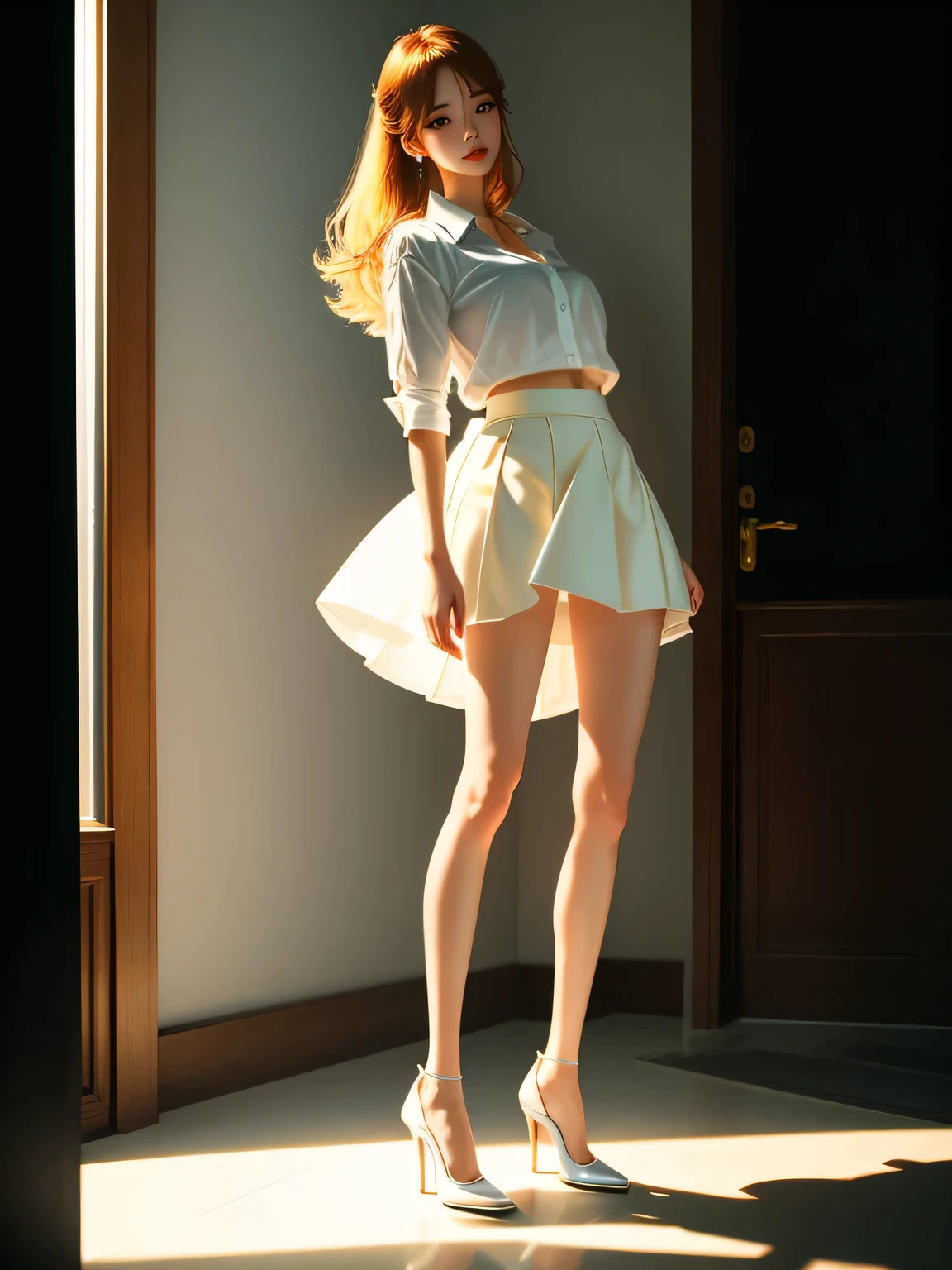 real、long legs、full、feminine、white shirt、mini skirt、high heels,very delicate face,realistic lighting and shading, (very delicate and beautiful芸術)1.2, It&#39;s elegant,dramatic shadow、very detailed。high quality、High resolution、Raw、超High resolution、super detail、(very delicate and beautiful)、very detailed、real shadow