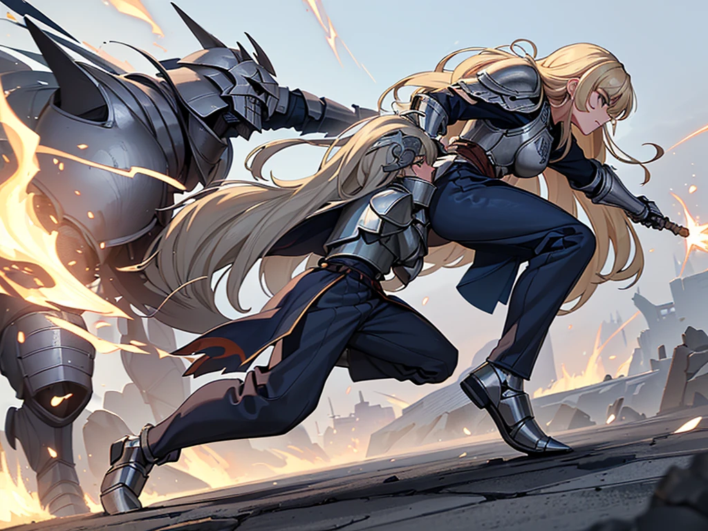 (Full body character concept、10 people)、Highest quality, Best Quality, Best illustrations, (((Grey Armor)))、(((Blonde long hair、woman、1)))、(Medieval Knight)、(Navy blue trousers)、(get annoyed、Clench your teeth)、(White background)、Run、(From the side)、(attack、Movement angle、Deathblow、sparks)
