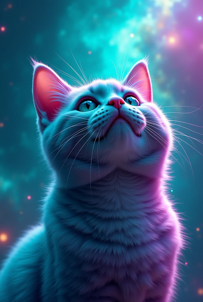 create a cute cat, It has turquoise and purple color, hiper realisitic, He is looking up, front-facing, he has a pink nose, realisitic, super realisitic, the background is a turquoise galaxy with purple, expanded background