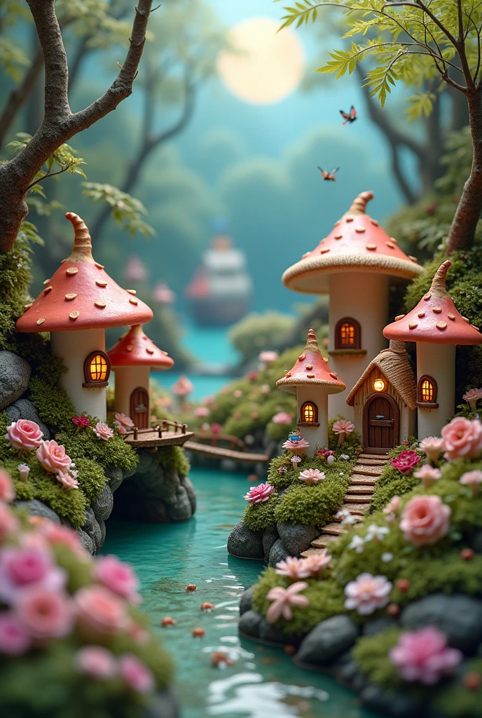 Mushroom-shaped fairy houses, Chimney made of frosting, mushroom-shaped ship on the sea, whimsical miniature shore town, butterflies, lush overgrown fungi, tiny windows and doors, thatched roofs made of marshmallows, vibrant crystal wildflowers, twisting vines, frosting-covered stones, fairy lights, A cookie bridge, dragonflies and bumblebees, miniature garden tools, walnut shell bird baths, raindrops on petals, soft evening glow, moonbeams filtering through trees, pastel color palette, enchanted forest backdrop, intricate botanical details, realistic photo.
