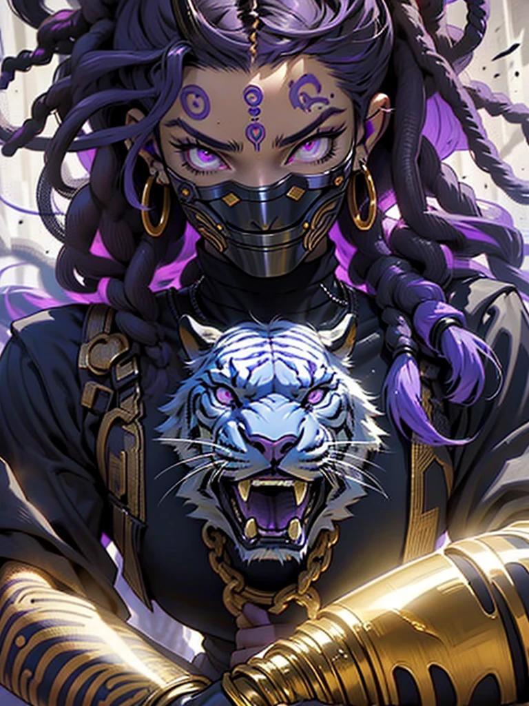 Dark, African American, MAN, indiffirent, powerful,mirroring, inverse,DEMON cunning,powerful oni,bewitching dreadlocks, dark clothing, dark armor, fantasy, gold purple and black color palette, determined deep purple eyes