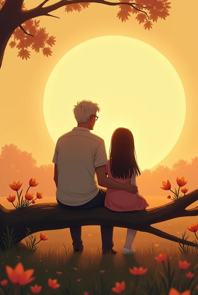 Create a tattoo design featuring a  granddaughter and her grandfather sitting on a cut tree branch in an open field. Only their backs are visible, with the granddaughter on the left side and the grandfather on the right. The granddaughter's height reaches only up to her grandfather's elbow. Nearby, there are flowers and the sun. The granddaughter's straight hair extends to her elbows and appears slightly swayed by the wind on her left side.