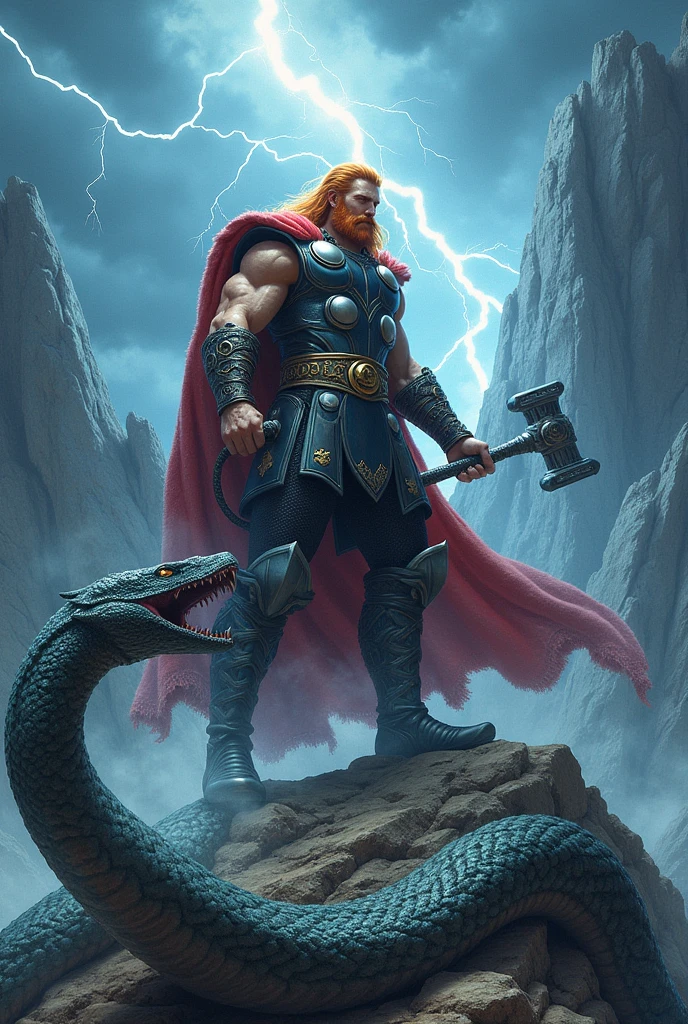 A man from norse mythology named thor with red hair and red beard with a hammer in his hand, thunder cracking and mountain at the background, fought midgard serpent