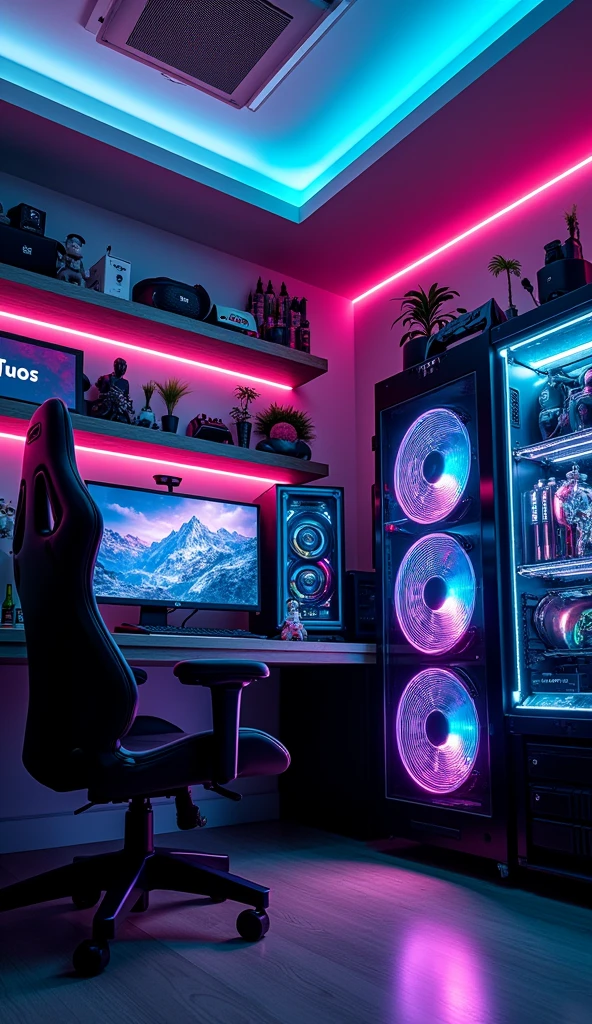 A gaming room that feels like a tech haven. The centerpiece is a powerful gaming rig with a custom-built PC glowing with intricate RGB patterns. The room is filled with cutting-edge gear: a racing-style gaming chair, a mechanical keyboard, and a VR setup ready for action. Shelves are meticulously organized with video game cassettes, controllers, and limited-edition figures. The lighting is a mix of ambient LEDs and accent spotlights, creating a visually pleasing environment that instantly impresses anyone who enters.