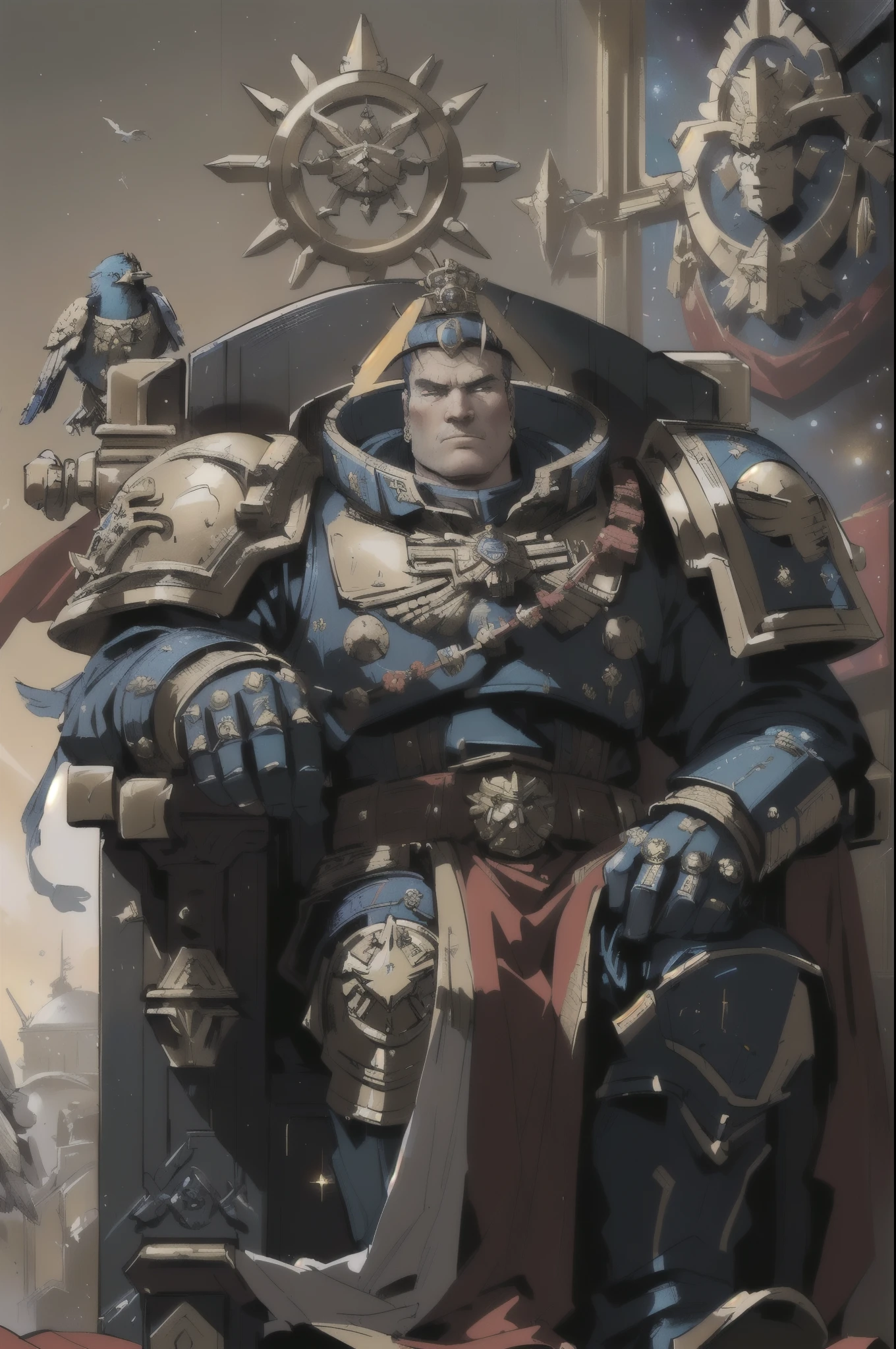 a close up of a man sitting on a throne with a bird on his shoulder, portrait of space marine, warhammer 4 0 k artwork, portrait of emperor of mankind, warhammer 40k emperor of mankind, art portrait of a space marine, space marine, donald trump is a space marine, warhammer 4 0 k fantasy, warhammer 4k, space marines, warhammer art