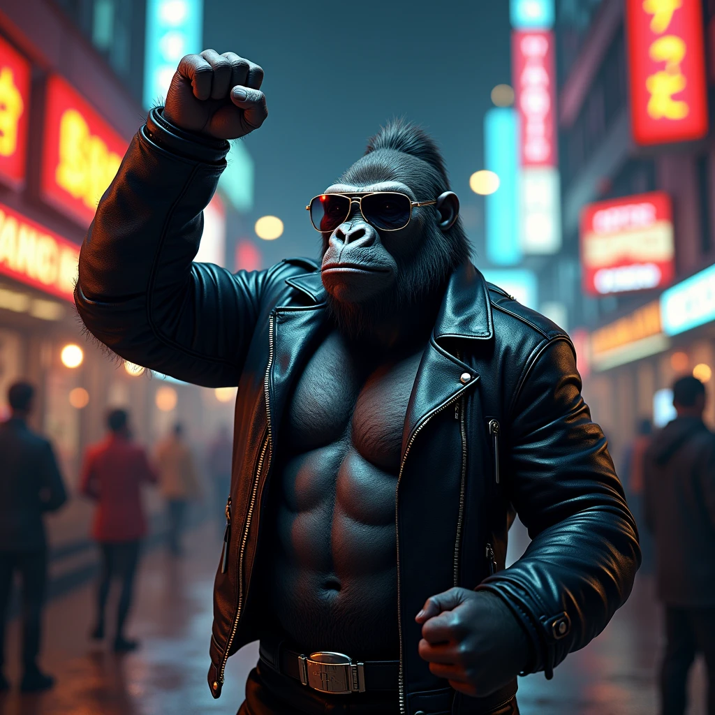 拳を突き上げているイケイケゴリラ: "A hyper-realistic image of a gorilla wearing sleek aviator sunglasses, raising its fist triumphantly in the air. The gorilla is dressed in a stylish leather jacket with metallic accents, exuding an aura of power and confidence. The background is a gritty city street at night, with neon signs and a bustling atmosphere, adding to the victorious vibe."