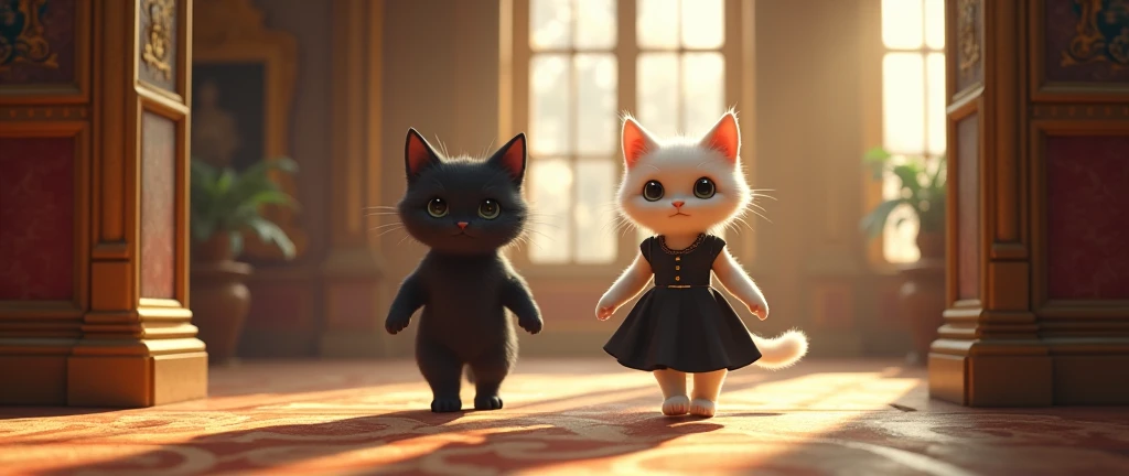 The young white cat, with black dress, show the house to the black cat, who admires the details. They walk side by side, exploring the interior of the mansion, both with expressions of curiosity and admiration.