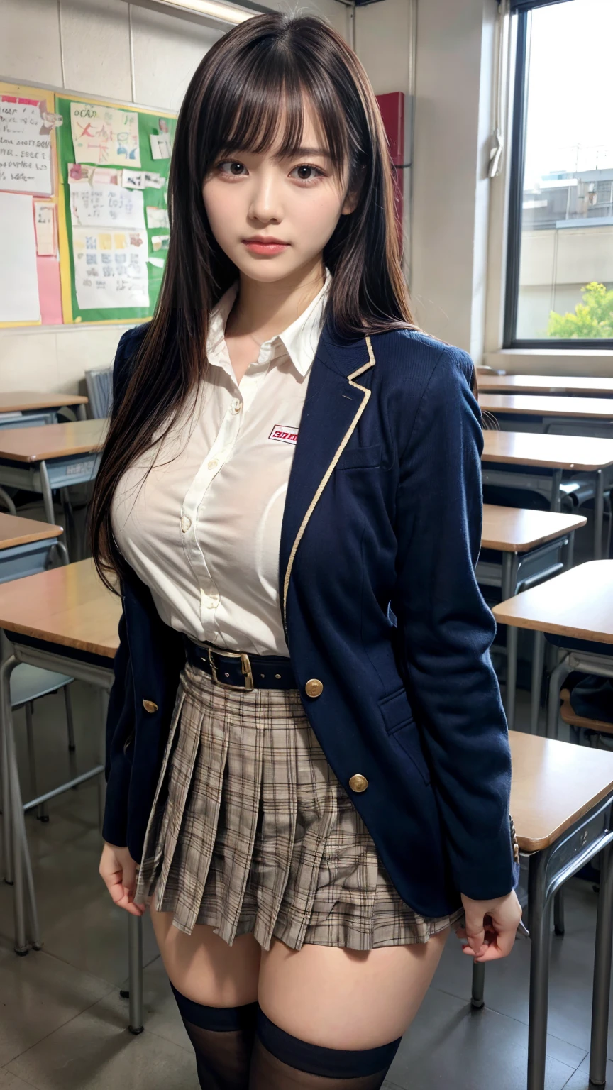 masterpiece, best quality, illustration, Super detailed, fine details, High resolution, 8K,wall paper, perfect dynamic composition,(Details High quality, realistic depiction of eyes:1.3), from side, High School Classroom、High school girl uniform、blazer 、Super Short Check Uniform Skirt、Navy blue high socks、garterbelts、Colossal tits、Disturbed uniform, long hair, black hair color, large breasts, Big Natural Color Lip, bold sexy pose, (perfect body shape), crying a little、cold gaze, Harajuku style、20 year old girl、cute type, beautiful legs, hposing Gravure Idol, Voluptuous thighs