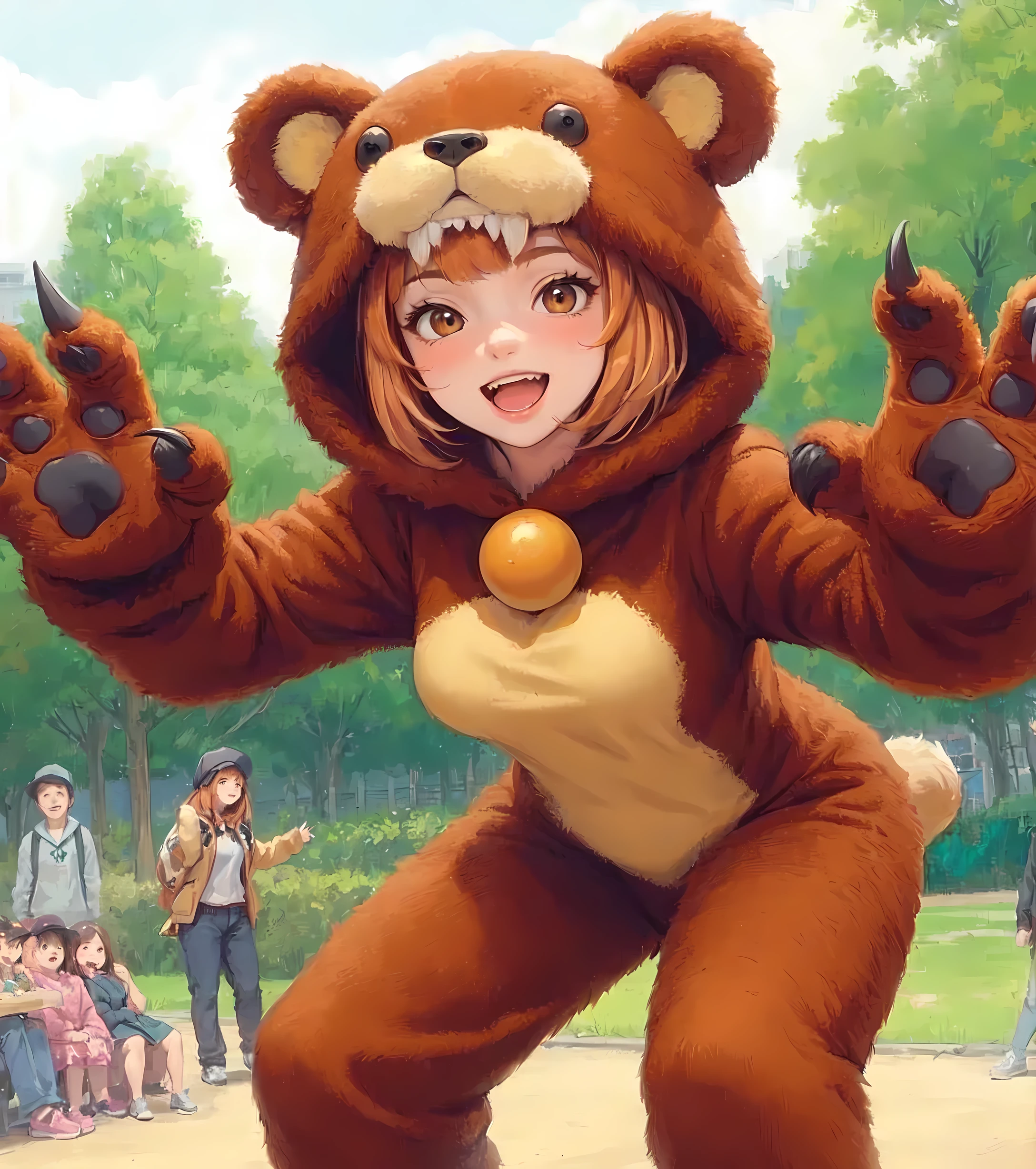 1lady solo, (from below), (brown bear costume:1.1), (hands up) (arms wide open) (fingers curled like claws:1.1), (claw posing), (leaning forward), (mature female:0.8), /(beige orange hair/) bangs, blush kind smile, open mouth (teeth:0.8), (masterpiece best quality:1.2) delicate illustration ultra-detailed, large breasts BREAK (ordinary urban park) outdoors, noon, audience, trees, detailed background