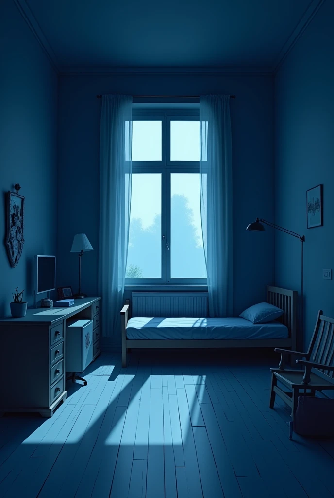 a drak style image, a wide view of a room . no toy. The decoration is all blue, with simple furniture and a window.