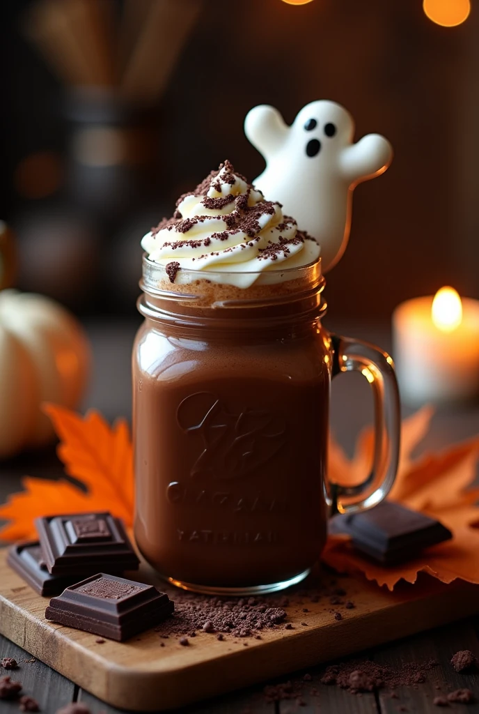{Midnight Mocha with Whipped Cream Ghosts} -- A luxurious midnight mocha served in a mason jar, made with dark chocolate and rich espresso, perfect for Halloween. The mocha is topped with a swirl of whipped cream, shaped into cute little ghost figures with tiny chocolate eyes, adding a playful yet elegant touch. The jar is drizzled with dark chocolate and set on a rustic wooden tray, surrounded by pieces of dark chocolate and a few autumn leaves. A soft, warm light highlights the rich tones of the mocha, while the whipped cream ghosts add a touch of Halloween fun. The background features a warm, inviting atmosphere, with a flickering candle casting a gentle glow. -- {photorealistic}, {high-resolution}, {dark and warm tones}, {Halloween beverage photography}, {natural light}, {Instagram aesthetic}, {spooky yet cozy}, {gourmet drink experience}, {midnight mocha delight}