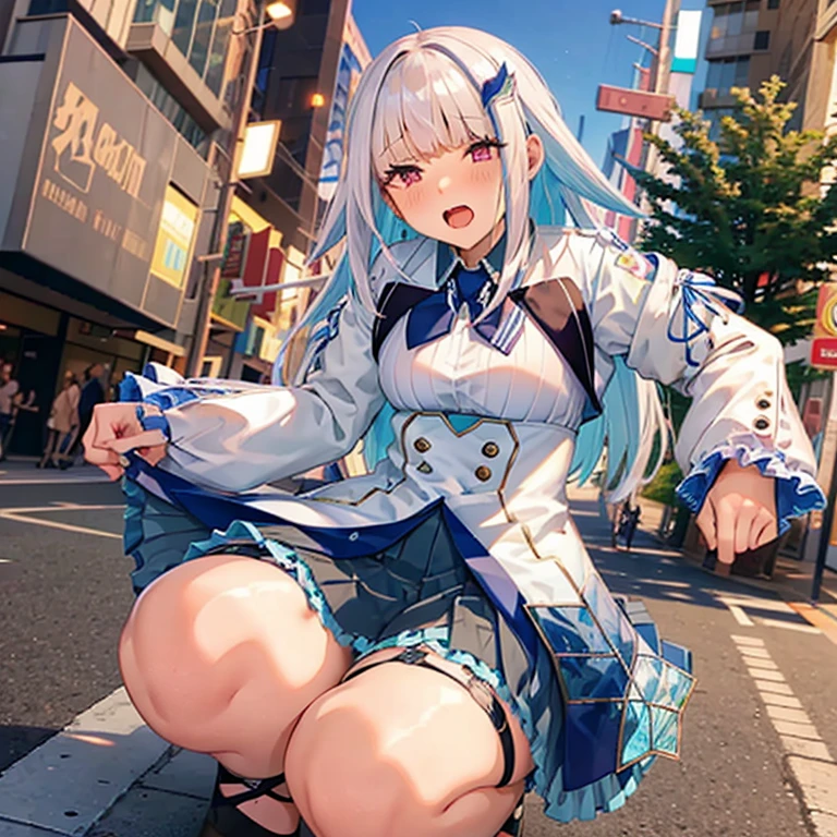Highest quality, High resolution,(Ahegao),blush, peeing self, lh1, hair ornamnet, long hair, long sleeves, pleated skirt, blue thighhighs, 手链, frilled skirt, white jacket, white shirt, blue skirt, thigh strap,(Anatomically correct), Saliva stringing, remote_vibrating,remote_play,Anatomically correct