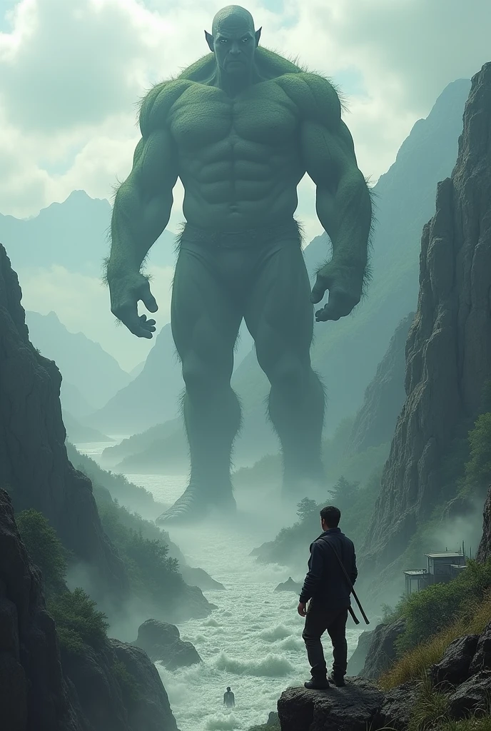 "A large, imposing figure stands on the peak of a mountain and hold own belt, gazing down with a solemn expression at a scene below. The valley is flooded, with people struggling against the rising waters, their distress evident. The contrast between the serene, lofty position of the giant and the chaotic, troubled scene below underscores the dramatic disparity."