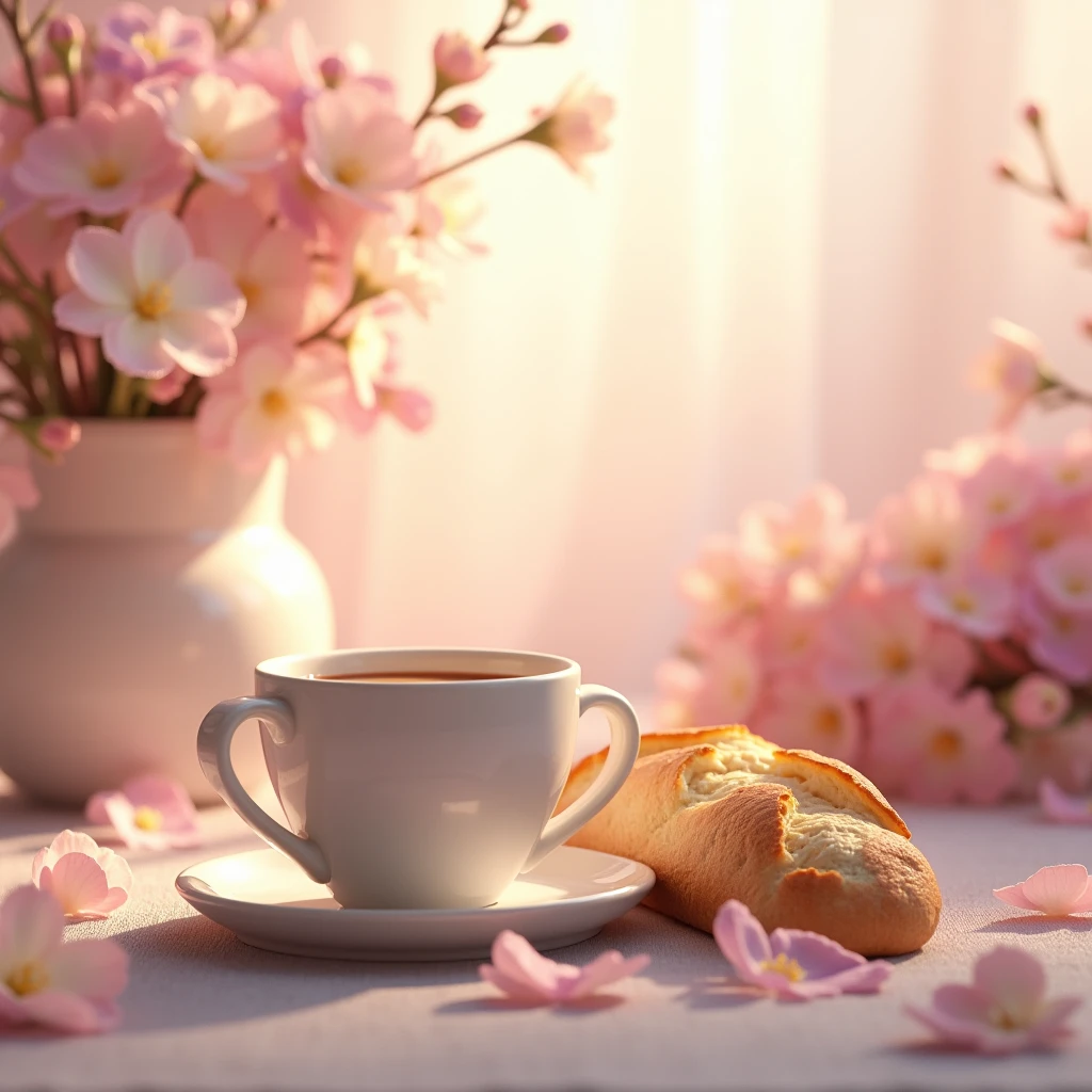 Coffee cup,bread,pink morning ligth,flowers background