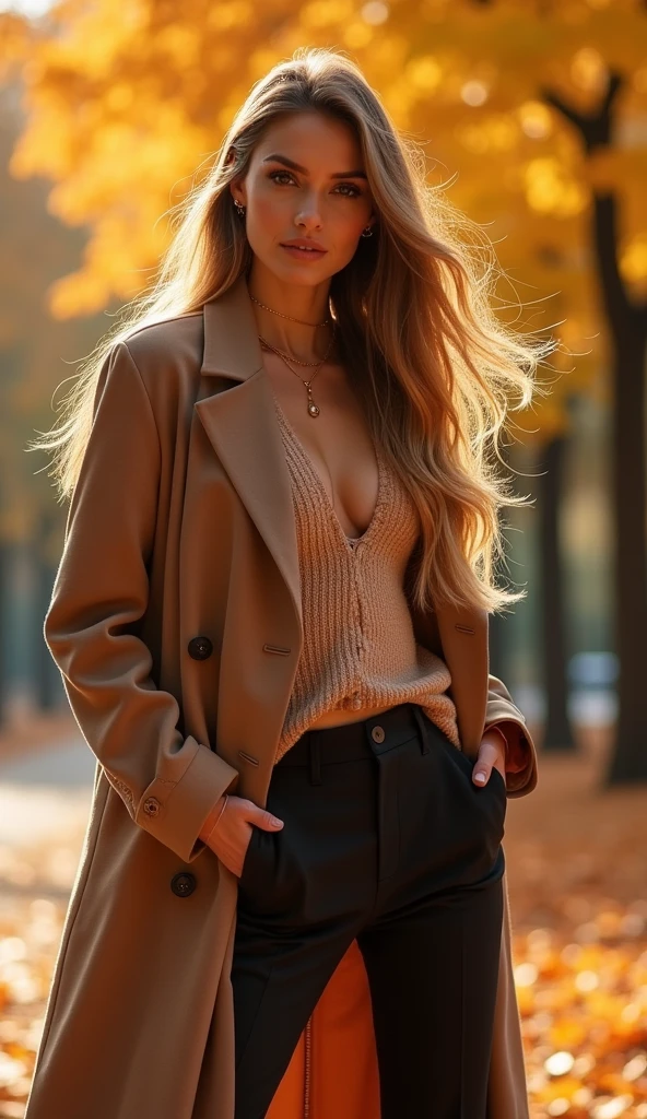 stylish outfit for autumn walks, beautiful woman, photoshoot