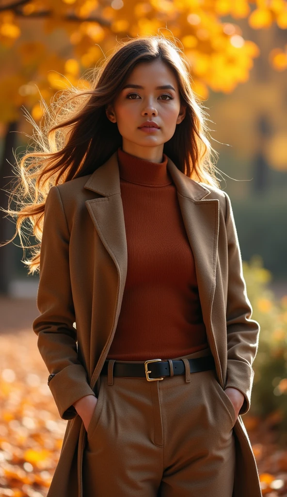 stylish outfit for autumn walks, beautiful woman, photoshoot