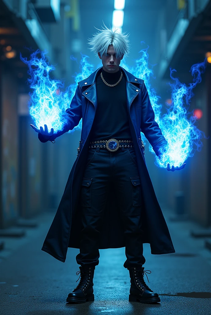 Male sexy age 25, latin-greman, crazy smile, gray eyes, white hair visual kei, evil eyes, long crazy smile, royal blue and black leather matrix gabardine open, soft black t-shirt, black cargo pants, only right arm on blue flames, cyberpunk style, belt with a blue ying yang, chains around the belt, athletic, magic powers, action, cunning look, leather black boots with metal pins, black cat nails, joker comical pose, night background, uncovered head