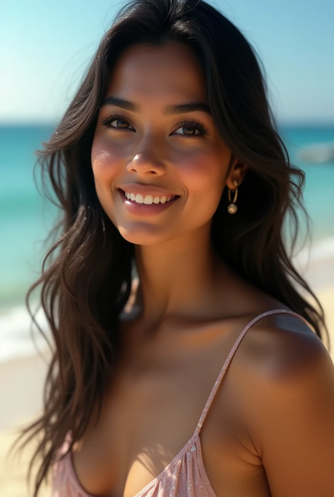 masterpiece、1. Beautiful indian、so beautiful、Beautiful Skin、((Depiction from the waist up:1.3))、(Surreal)、(High resolution)、(8k)、(Very detailed)、(Beautiful and beautiful eyes)、(Very detailed)、smile、Big eyes、Brown eyes、Long eyelashes、Bright lighting、Professional Lighting、Looking into the camera、Look straight ahead、Long Hair、Black Hair、Ocean、Sandy Beach、Nogizaka Idol、actress、20-year-old、((Cleavage:0.1))、Bikini Swimwear、Wet Skin、beauty Face、Moist and realistic skin texture、Moisturized lips、Natural Shadows、