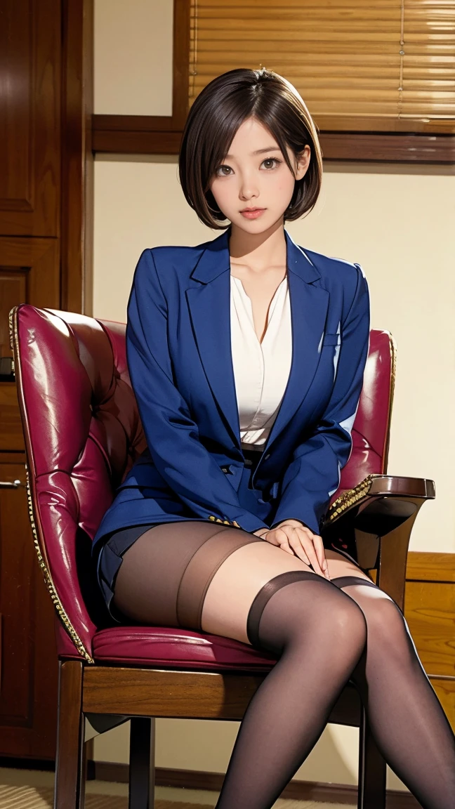 Office, beauty sitting a japanese woman in chair, short hair, beautiful legs, high heels, brown pantyhose, mini skirt suit