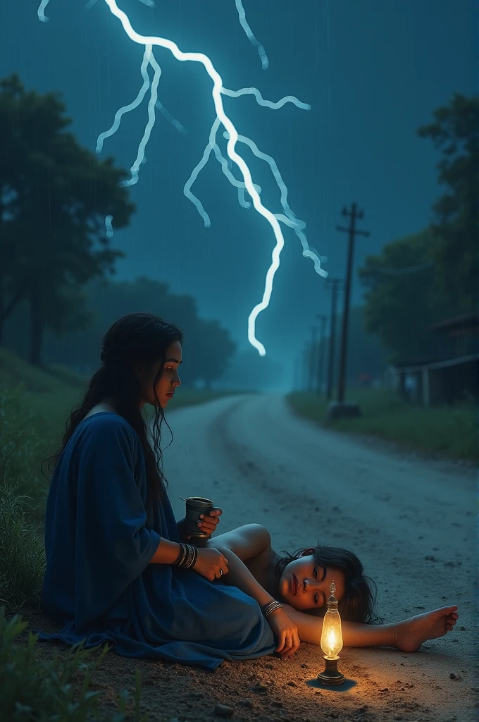Upagupta ,the disciple of Buddha wearing sage clothes, is lying on the side of dusty road of Mathura without any pillow or any other amenities in 3rd Century BC at a stormy night and a young woman sits besides lying on the road without pillows or any other amenities Upagupta who has his eyes open.She is dressed in blue mantle and is having young body and wearing anklets and has a old kerosene lamp in her hand.They both are alone and a lightning is struck at that time.
