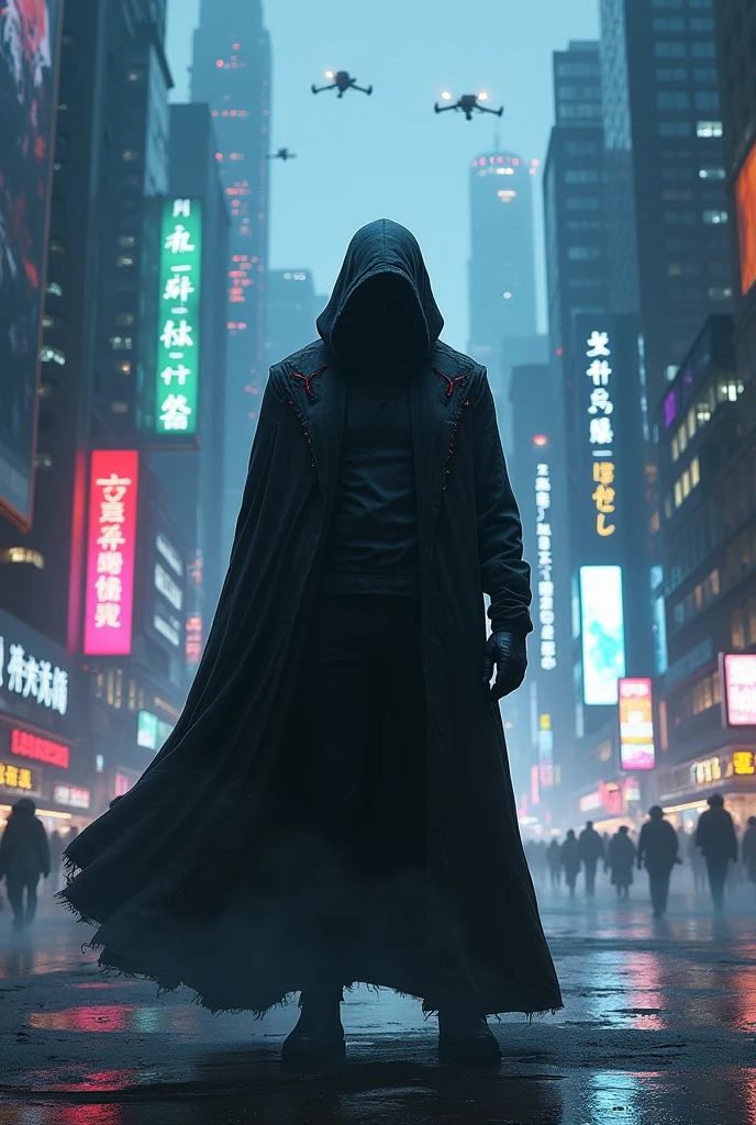 A hooded man standing on the streets at night in future