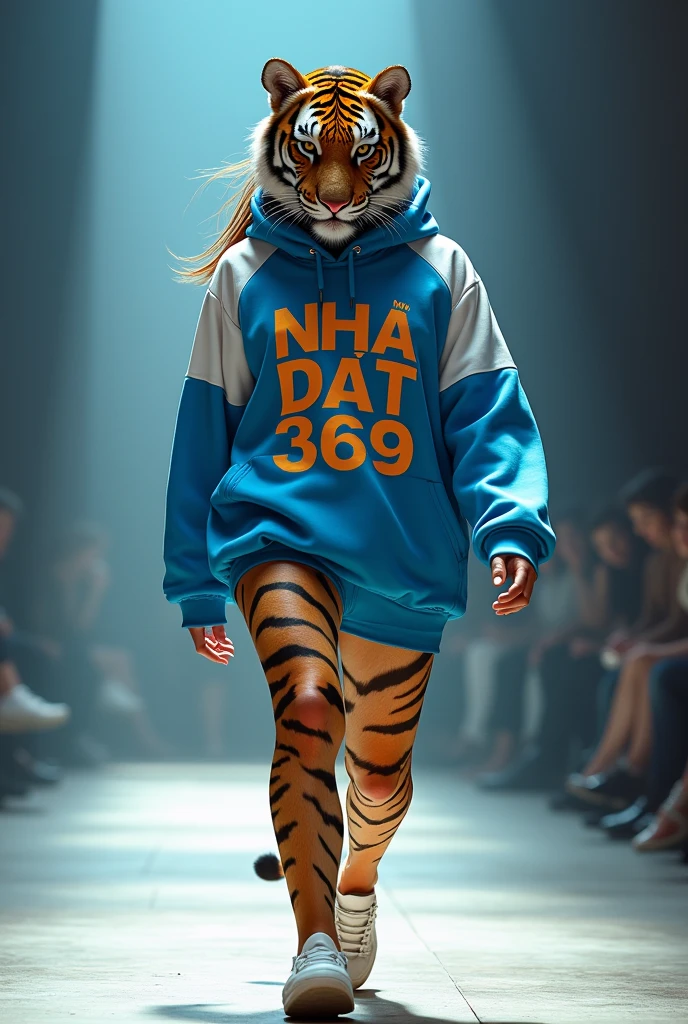 Tạo cho tôi hình ảnh một cô gái có khuôn mặt của 1 con hổ đang catwalk trong trang phục phong cách street màu xanh dương kết hợp màu trắng, trên trang phục có dòng chữ Nha Dat 369, ảnh toàn thân