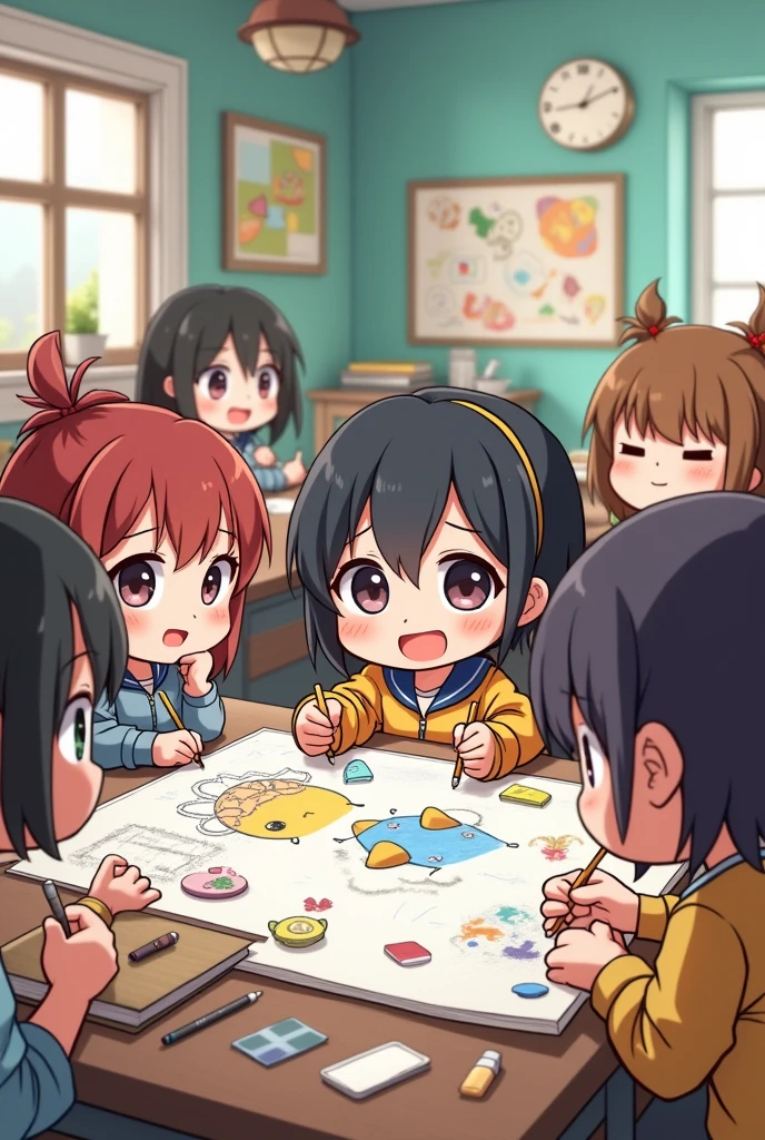 A group of people drawing, chibi anime