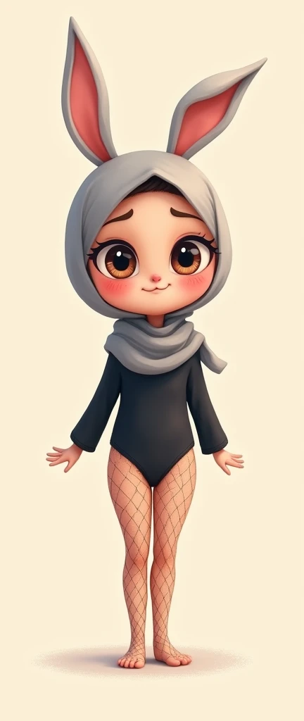 Cartoon with text: 
(Masterpiece, best quality, 4k, expressive eyes, perfect face), cute and adorable girl, little cartoon girl, (beautiful face, detailed eyes), wearing grey hijab, (flat style,, hand drawn style, 2d style, Cartoon artstyle, toon style), ((whole body covered in a slimy , wet clothes and body)), (black leotard, fishnet stockings, pink ballet shoes), (full body view, funny pose)