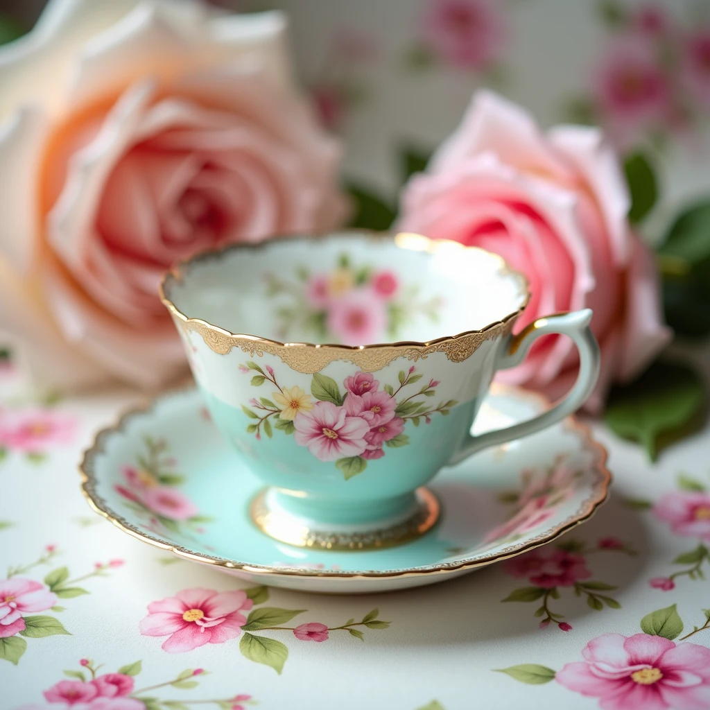 Ornate porcelain bowl with gold rim, delicate floral pattern of pink and white flowers on light blue background, intricate gold filigree details, soft focus, pastel colors, roses in background, floral fabric, vintage teacup style, high-quality studio photography, shallow depth of field