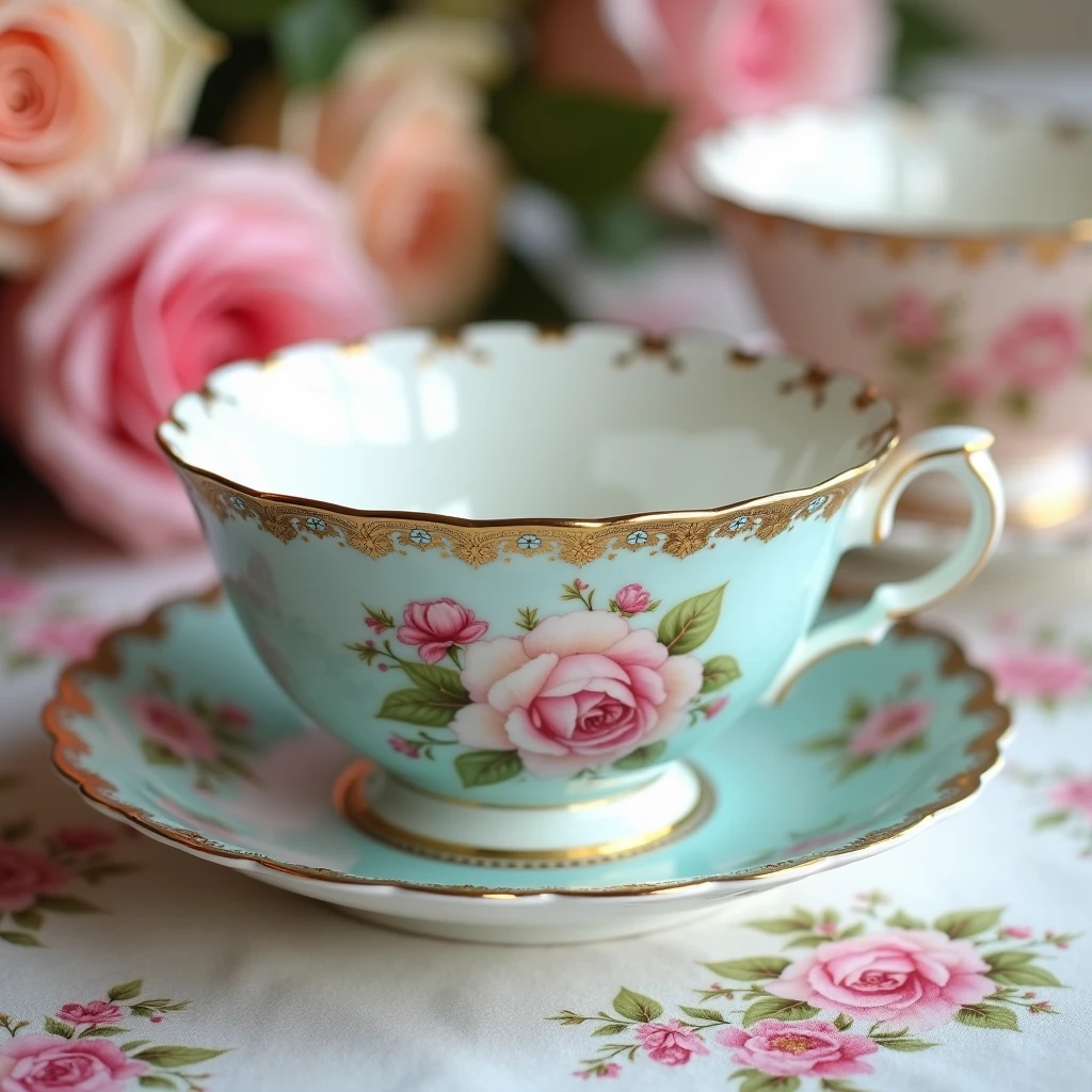 Ornate porcelain bowl with gold rim, delicate floral pattern of pink and white flowers on light blue background, intricate gold filigree details, soft focus, pastel colors, roses in background, floral fabric, vintage teacup style, high-quality studio photography, shallow depth of field